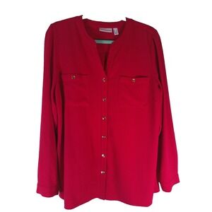 Susan Graver Cherry Red/Gold Button Roll Tab Sleeve Blouse Womens Size 12